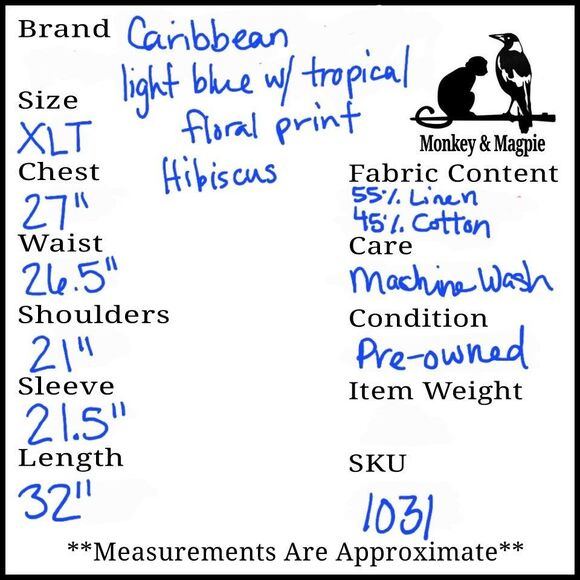 Caribbean Mens Hawaiian Floral Shirt Light Blue Hibiscus Linen Blend Tall XLT - Picture 11 of 11